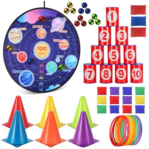Hungdao 3 Sets Carnival Games Combo Set, Dart Board with Balls Plastic Cones Ring Bean Bags Toss Game for Boys Girls Adults Family Birthday Yard Indoor Outdoor - style: Creative Style