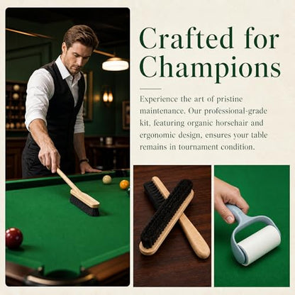 11pices Billiard Table Cleaning Set , including 2 wooden brushes, a cue cleaning cloth, sandpaper for polishing cue tips, a lint roller, a cue tip protector, three-finger gloves and a storage bag