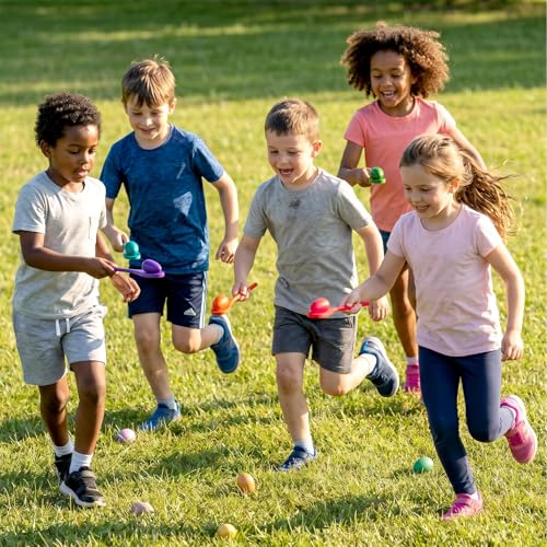 12 Pcs Easter Egg and Spoon Race Game Set, 6 Players Carnival Egg and Spoon Relay Game, Wooden Egg Spoon Balance Carnival Games for Easter Birthday Holiday Outdoor Family Activities