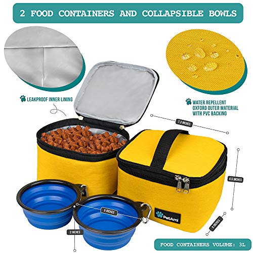 PetAmi Dog Travel Bag Organizer, Pet Travel Kit with 2 Food Containers & 2 Collapsible Dog Bowls, Pet Supplies Tote with Luggage Sleeve, Weekend Road Trip Camping Essentials, Yellow, Medium - color: Yellow, size: Medium - 14.5"L x 8"W x 12.0"H
