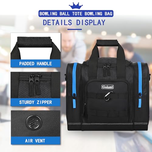 Goloni 1 Ball Bowling Bag for Men, Durable Bowling Tote with Padded Holder & Ventilated Shoe Compartment (Fits Size 14) - color: Black+Blue