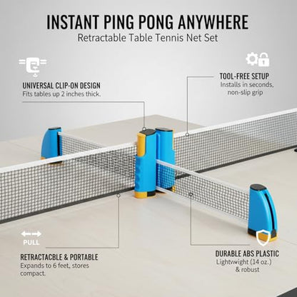 Retractable Table Tennis Net Set, Portable Clip-On Ping Pong Net for Flat Surfaces, Tool-Free Setup with Durable PP Construction - color: Yellow