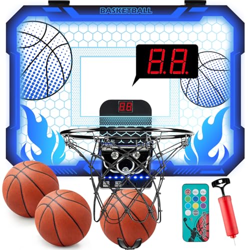 VROGTIK Indoor Basketball Hoop for Kids with Led Lights Mini Basketball Hoop with Remote Control Over The Door Basketball Hoops with Scoreboard Basketball Toys for 4-12 Year Old Boys Girls - style: Blue with Lights