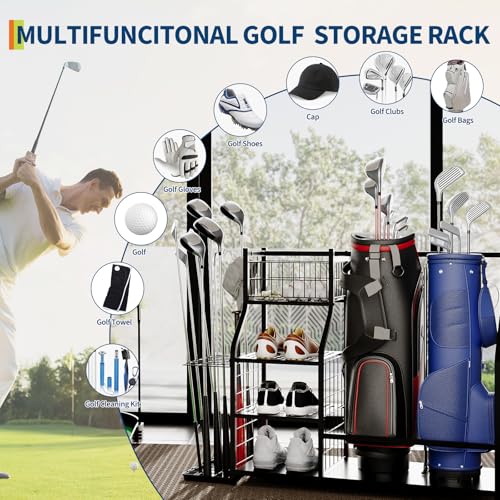 GarveeLife Golf Bag Organizer, Sports Equipment Organizer, Sports Organizer for Garage, Golf Bag Stand for Garage with Baskets, Hooks