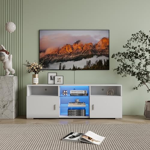 BROVAVE 57" Remote RGB Media Storage Cabinet, Media Console with Height Tunable Racks, TV Console Stand with Tempered Glass Panels for Game Room Areas, White