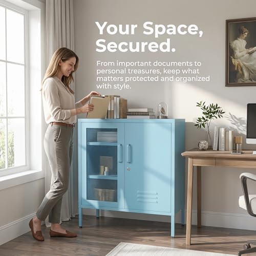Accent Cabinet Locker, Lockable Storage Cabinet with Mesh & Metal Doors, 3-Tier Heavy Duty Steel Cabinet with 2 Adjustable Shelves, for Living Room, Home Office Blue 33" H x 29.5" W x 13.8" D - color: Ocean, style: Cabinet-33"H-SW