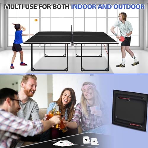 6ft Mid-Size Table Tennis Table – Foldable & Portable Ping Pong Table Set for Indoor & Outdoor Games with Net, 2 Paddles, 3 Balls (Black Tabletop)