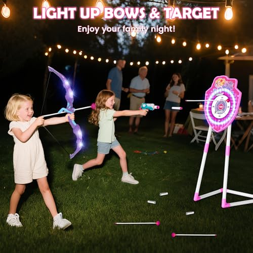 VATOS 2 Pack Bow and Arrow Toy with LED Light - 4 in 1 Archery & Dart Game Set with 20 Suction Cup Arrows, Mermaid Glow Target & Dart Board - Indoor/Outdoor Birthday Gift for Kids Boys Girls Ages 5-12 - color: Pink