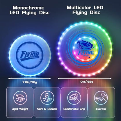 Wee Wonders 2 Pack Light Up Flying Discs for Kids Adults, 10" Rechargeable Disc with 45 LEDs, 14 Lighting Modes & 7.8" Built-in Battery Disc, Glow in The Dark Flying Ring for Beach Camping Sport Game - size: 2PCS: 10in + 7.8"