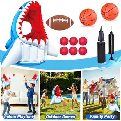 Hymaz Shark Pool Toy, 3-in-1 Inflatable Pool Floats Basketball & Football & Head Hoop Toss Game, Floating Swimming Water Toys for Kids Boys Girls Family Outdoor Yard Beach Summer Party Favors Gift - style: Shark 3 in 1 Games