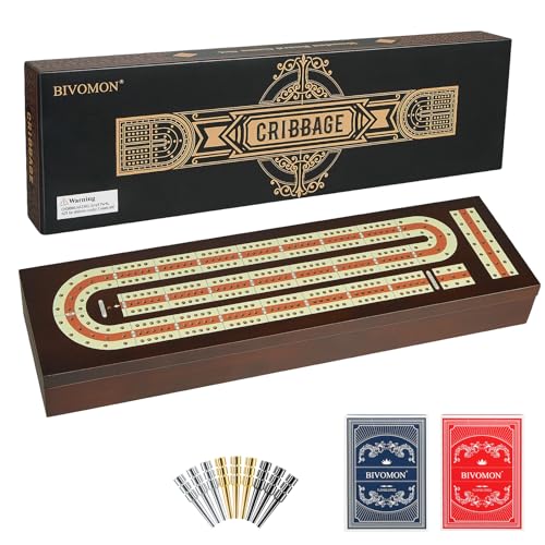 BIVOMON Cribbage Board Game Set Continuous 3 Track Wooden Board with Magnetic Lock, 9 Metal Pegs, 2 Playing Cards, Large Storage Area, Travel Portable Travel Cribbage Boards for Adult Child