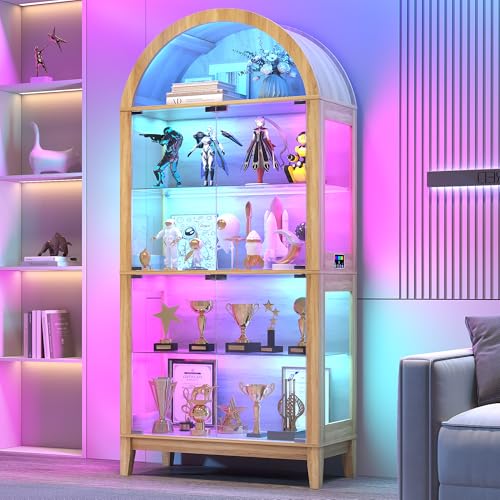 Gurexl 5-Tier Arched Glass Display Cabinet, Motion Sensor RGB LED Showcase with Music Sync Light & Adjustable Shelves, Tempered Glass Curio Cabinet for Action Figures Trophies Collectibles, Wood - color: Wood-80008a