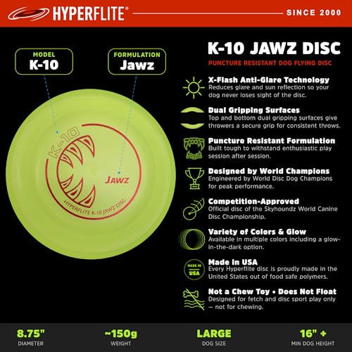 Hyperflite K-10 Jawz Puncture Resistant Dog Flying Disc, Medium-Large | Puncture Resistant, Competition Approved | 8.75-inch, 150g | Medium & Large Dogs | Blue - color: Blue