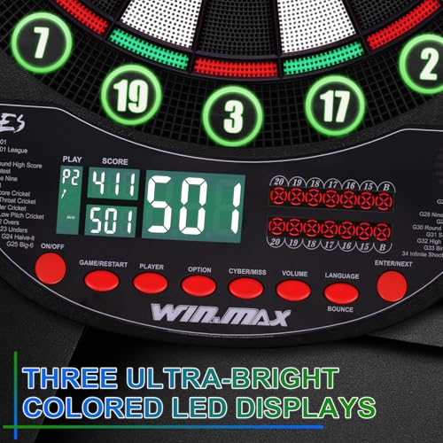WIN.MAX Electronic Dart Board Soft Tip Dartboard Set LED Displays 3 Languges with Cabinet - style: brown