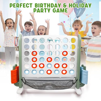 Wdmiya Giant 4 Outdoor Game Set, 4-in-1 Height Adjustable Jumbo 4-in-a-Row Game with Ring Toss, Basketball Hoop & Golf, Backyard Games for Kids & Adults, Includes Mesh Pocket (Upgrade Green) - color: Upgrade Green