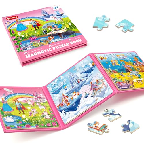 SYNARRY Unicorn Princess Mermaid Magnetic Puzzles for Toddlers 3-5, 36 Pieces Travel Puzzles for Kids Ages 4-8, Easter Basket Stuffers Gifts for Kids, Car Airplane Road Trip Activities Toys - style: Princess Mermaid