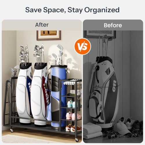 HOOBRO Golf Bag Storage Garage Organizer, Golf Bag Storage Stand Fits 3 Golf Bags and Golf Equipment Rack with Wheels, Extra Storage Rack for Garage, Club, Basement, Black BK109CJ01 - size: 55.7"L x 11.8"W x 33.5"H