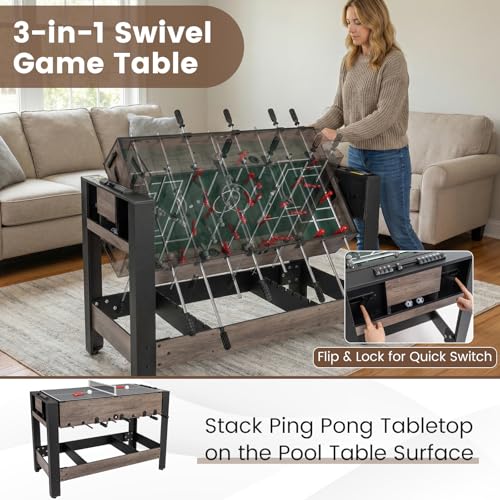 Goplus 3-in-1 Swivel Game Table, 49'' Combo Game Table with Foosball, Pool Billiards & Table Tennis for Adults, Indoor Arcade Table with Legs for Family Game Room Party