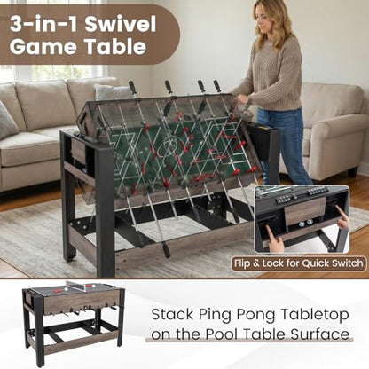 Goplus 3-in-1 Swivel Game Table, 49'' Combo Game Table with Foosball, Pool Billiards & Table Tennis for Adults, Indoor Arcade Table with Legs for Family Game Room Party