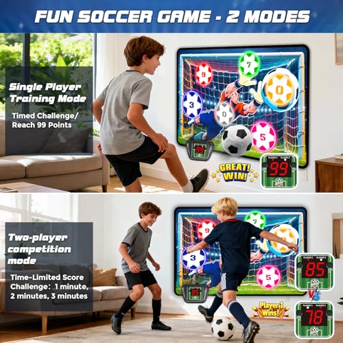 VATOS Electronic Scoring Soccer Toy Game Set for Kids, Indoor Outdoor Soccer Training Target with Real-Time Scoring, 2 Modes, Fabric Goal and 2 Soft Balls, Fun Sport Birthday Ages 3+
