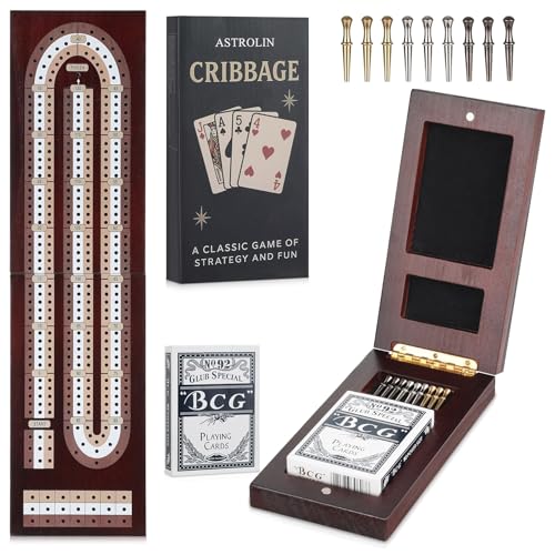 Cribbage Board Game Set, Premium Wooden Board with Magnetic Lock and Built-in Storage, Deck of Cards & 9 Metal Pegs, Fun 2–3 Player Travel Game for Adults and Family - size: Foldable