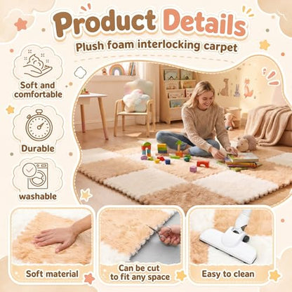 16 Pcs Beige Camel Faux Fur Floor Tiles, 11.8 x 11.8 in Puzzle Girls Play Soft Tiles, 1.5 Inch Shaggy Square, EVA Foam Floor Mat for Nursery, Playroom, Bedroom, Toddler Room, Daycare - color: Beige Camel