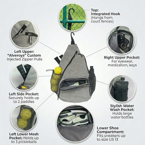Pickleball Sling Bag with Shoe Compartment - Crossbody Backpack Fits 2 Paddles, 32oz Bottle & Fence Hook, Sports Bag for Men & Women (Shoe Limit: up to US Men's 10 / Women's 11.5) - color: Heather Gray