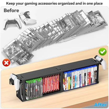 Video Game Disc Rack Tower Storage Holder Stand Universal for PS5/PS4/XBOX One/Series/NS Game, Game Organizer Shelf Display Stand for Wall Mount/Desk/Floor with Controller Holder Sega Genesis Consoles - size: 2-Tier