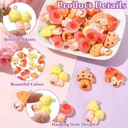 Stiesy 30Pcs Resin Mushroom Charms with Loops, 5 Styles Cute Charms Beads, Mixed Color Mushroom Shape DIY Pendant Ornament for Jewelry Making, DIY Necklace Bracelet Craft Supplies - color: Mushroom-5 Styles-30Pcs