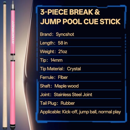 2 in 1 Heavy Break Jump Cue: 3-Piece Break Cue Pool Stick 58 Inch 21oz 14mm Pro Tips Fas-Grade Maple Wood Jump&Break Pool Cue Sticks (Pink, 19~22 oz)