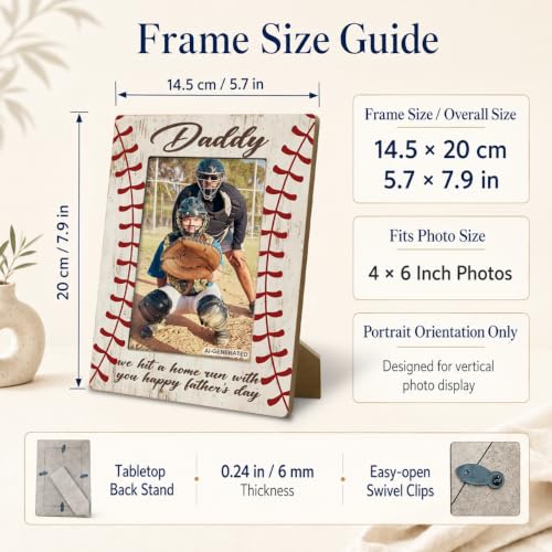 Baseball Dad Picture Frame, God Hit Home Run, Happy Daddy Gift from Kids, Home Bedroom Desk Shelf Table, Wood Sports Gifts