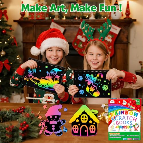 ZMLM Scratch Paper Art Craft: 2 Pack Rainbow Scratch Set for 3 4 5 6 7 8 9 10 Years Old Girls Boys Students Drawing Coloring Black Magic Art Supplies Kits Gifts School Birthday Party Toys(Christmas) - style: Christmas