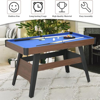 Pool Table Set with 2 Sticks 16 Balls Triangle Chalk Brush, Portable Wooden Billiards Game Table for Kids, Indoor Family Party Game Room and Playroom Fun - color: 54 Inch-blue
