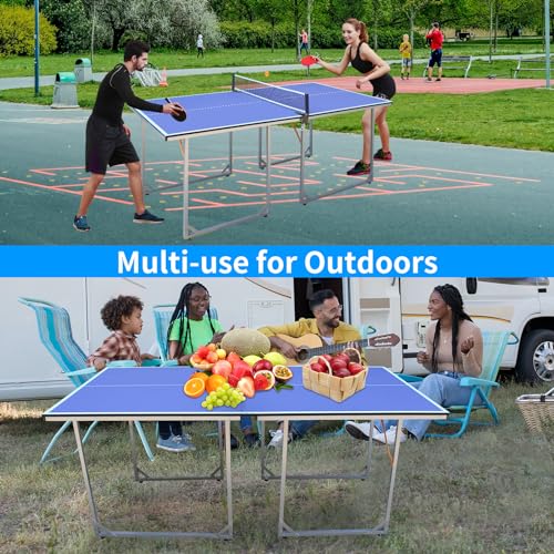 Prime 6ft Mid-Size Table Tennis Table Portable & Foldable Ping Pong Table Set for Indoor & Outdoor Games with Net, 2 Table Tennis Paddles and 3 Balls