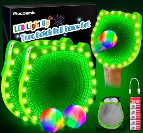 3D LED Light Up Toss Catch Ball Game Set Toys for Back Yard Outdoor Party Favors Glow in Dark Sticky Paddle Baseball Gift Age 5 6 7 8 9 10 11 12 Years Old Girls Boy Kid Family Adult - color: Green 2 Paddle 2 Balls