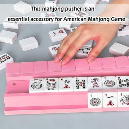 4 PCS Mahjong Racks with Pushers, Pink Wooden Mahjong Racks with Detachable Magnetic Pushers, Mahjong Tile Pushers and Racks, Includes Chips, Dice & Storage Bags, Mahjong Accessories (19.68 Inch) - color: Pink