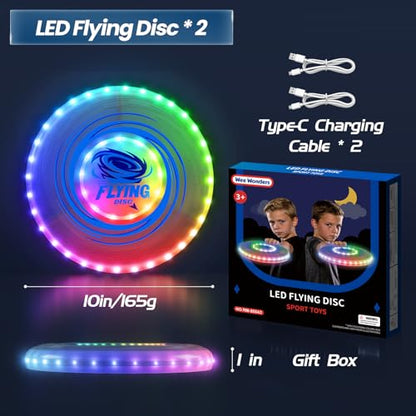 Wee Wonders 2 Pack Light Up Flying Discs for Kids Adults, Rechargeable 10" Disc with 45 LEDs, 14 Lighting Modes, Glow in The Dark Flying Ring for Beach Camping Outdoor Sport Game - size: 2PCS: 10in + 10"