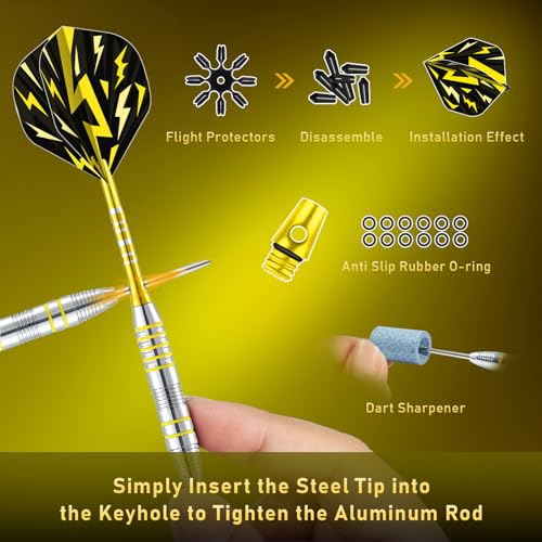 XAWU 3 Pack Steel Tip Darts Set Professional Darts 22g, 24g with 9 Dart Flights 3 Aluminum Shafts 3 Spare Shafts 1 Dart Sharpener 12 Rubber O-Rings Flight Protector and Darts Case - color: 24g Moonlight Yellow
