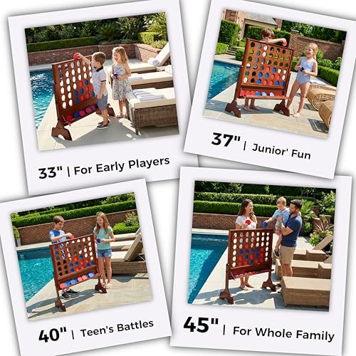 Height Adjustable (2.75-3.75 FT) Giant Wooden 4 in A Row Game | Foldable Tray, 2 Styles of Play: Wall Mounted or Set-up on Ground, Carrying Case, Detachable Legs - style: Premium (Adjustable 33"-45")