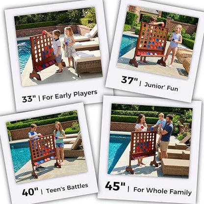 Height Adjustable (2.75-3.75 FT) Giant Wooden 4 in A Row Game | Foldable Tray, 2 Styles of Play: Wall Mounted or Set-up on Ground, Carrying Case, Detachable Legs - style: Premium (Adjustable 33"-45")