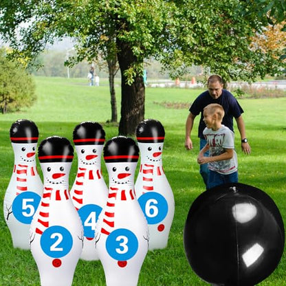 Poen 7 Pcs Glow in The Dark Giant Inflatable Bowling Set, Including 6 Pcs 27 Inches Bowling Pins and a 24 Inches Inflatable Ball Adults Outdoor Indoor Family Party - style: Snowman