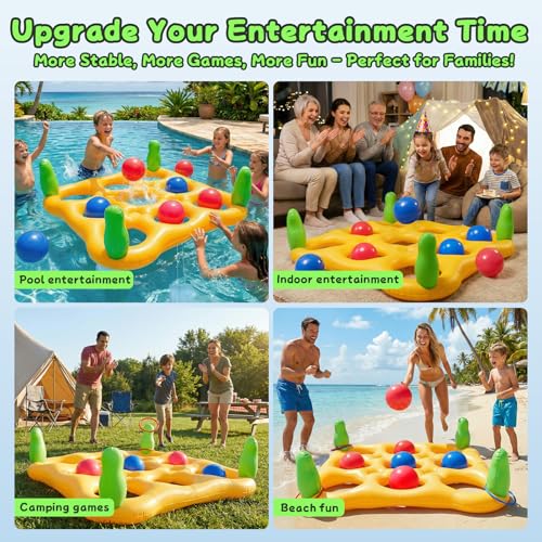 2 in 1 Pool Toys Games Set Inflatable Pool Float with 10 Balls & 8 Rings Tic-Tac-Toe Pool Games, Fun Summer Party Beach Outdoor Yard Game - color: Yellow