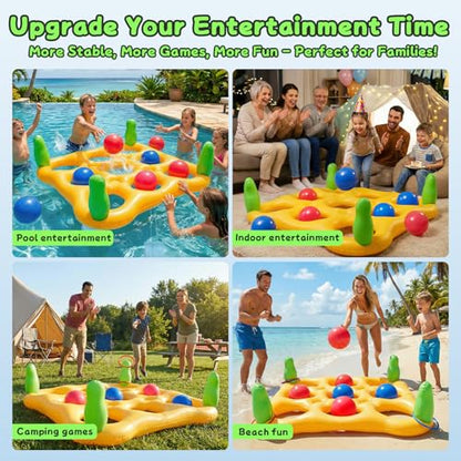 2 in 1 Pool Toys Games Set Inflatable Pool Float with 10 Balls & 8 Rings Tic-Tac-Toe Pool Games, Fun Summer Party Beach Outdoor Yard Game - color: Yellow