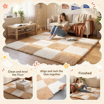 16 Pcs Beige Camel Faux Fur Floor Tiles, 11.8 x 11.8 in Puzzle Girls Play Soft Tiles, 1.5 Inch Shaggy Square, EVA Foam Floor Mat for Nursery, Playroom, Bedroom, Toddler Room, Daycare - color: Beige Camel