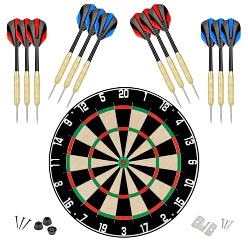 Dartboard with Staple-Free Bullseye Easily Recognizable Numbers 18g Steel Tip Darts Set 12 Steel Tip Darts 18g Mounting Kits Include - style: DB-P
