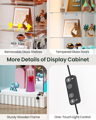 Lvifur Curio Display Cabinet - with Glass Door,5-Tier Glass Display Case with RGB Motion Sensor Light, Lockable Figure Display Case with Removable Glass Shelf for Collectibles,White - color: White-rgb Light
