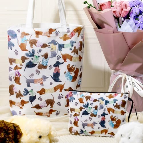 Sieral 2 Pcs Animal Lover Bag Gift for Women Travel Canvas Tote Portable Zipper Pouch Canvas Reusable Grocery Tote - style: Dachshund