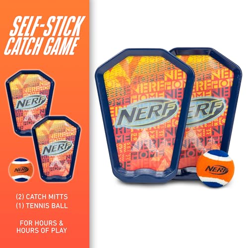 Nerf Toss and Catch Game with Paddles + Ball - Tennis Catch Game with (2) Self- Stick Paddles - Perfect Kids Beach Toy + Backyard Set - Includes 2 Sticky Mitts + Tennis Ball