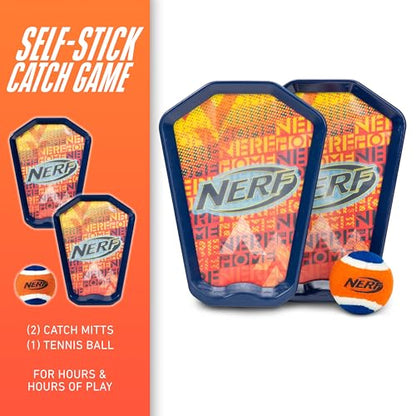 Nerf Toss and Catch Game with Paddles + Ball - Tennis Catch Game with (2) Self- Stick Paddles - Perfect Kids Beach Toy + Backyard Set - Includes 2 Sticky Mitts + Tennis Ball