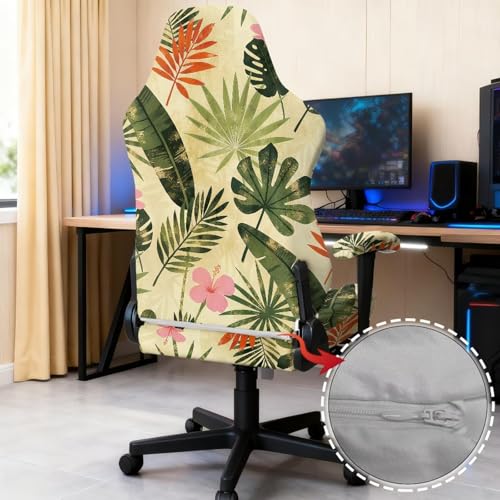 Tropical Leaf Print Gaming Chair Cover Set of 4 Dust-Proof Stretchy Computer Office Chair Cover with Armrest Covers Home Decorations - color: Green - Tropical Leaf